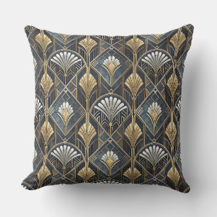 Art Deco Charcoal Black & Gold Geometric Pattern Throw Pillow