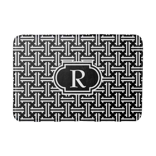 Art Deco Chinese Fret, Black and White Bath Mat (Front)