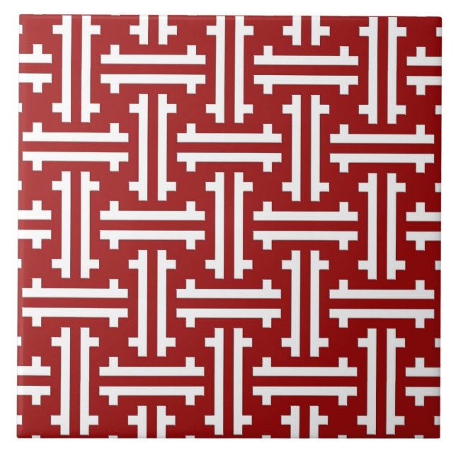 Art Deco Chinese Fret, Dark Red and White Tile (Front)