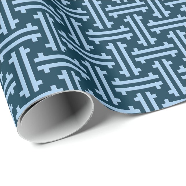 Art Deco Chinese Fret, Indigo and Sky Blue Wrapping Paper (Roll Corner)