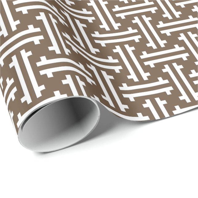 Art Deco Chinese Fret, Taupe Tan and White Wrapping Paper (Roll Corner)