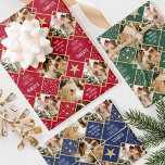 Art Deco Christmas Custom Photos Red Green Blue 3 Wrapping Paper Sheet<br><div class="desc">Add a touch of Art Deco style to the holiday season with this personalized Christmas wrapping paper! There are three different coloured sheets, each with a custom name and different photos. This festive pattern features geometric diamond shapes and stars in white and gold colour, on deep red, green and blue...</div>
