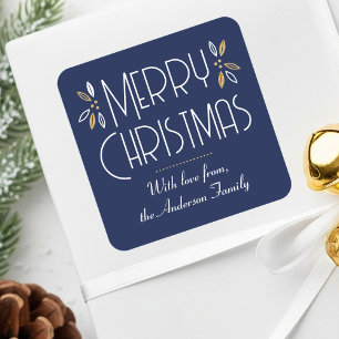Art Deco Christmas Elegant Typography Dark Blue Square Sticker