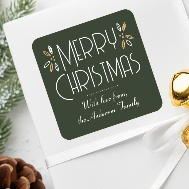 Art Deco Christmas Elegant Typography Deep Green Square Sticker (Creator Uploaded)