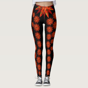 Art Deco Christmas Red Poinsettia on Black Leggings