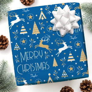 Art Deco Christmas Reindeer Custom Name Blue Gold Wrapping Paper