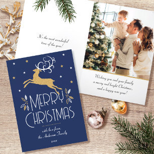 Art Deco Christmas Reindeer Photo Deep Blue Gold Holiday Card