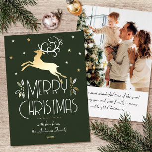 Art Deco Christmas Reindeer Photo Deep Green Gold Foil Holiday Card