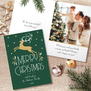 Art Deco Christmas Reindeer Photo Green Gold Holiday Card