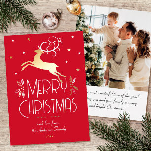 Art Deco Christmas Reindeer Photo Red Gold Foil Holiday Card