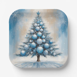 Art Deco Christmas Tree Blue Luxurious Ornaments Paper Plate