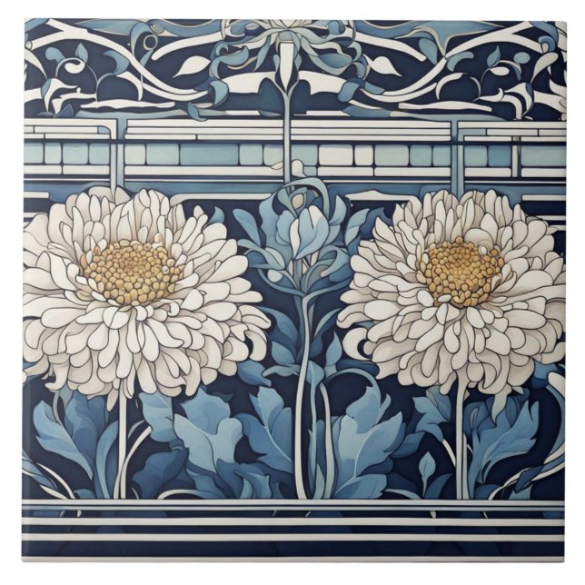 Art Deco chrysanthemum Flowers Art Nouveau Blue Tile (Front)