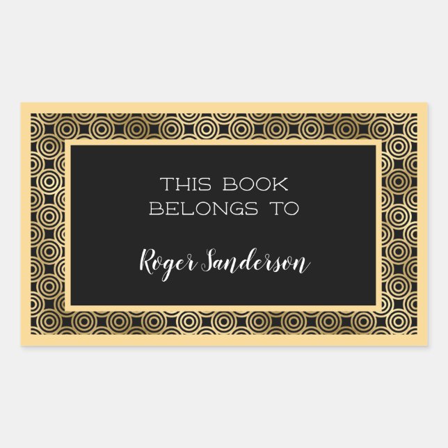 Art Deco Circles Black and Gold Foil Bookplate Sticker (Front)