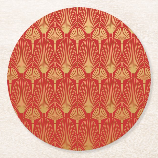 Art Deco Circular Coaster - Red and Gold (Front)