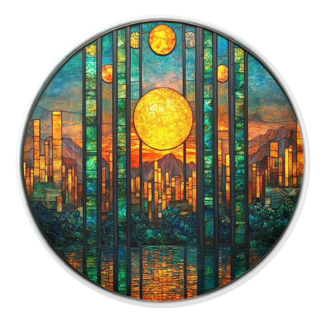   Art Deco Cityscape Setting Sun Mountains  Ceramic Knob (Front)