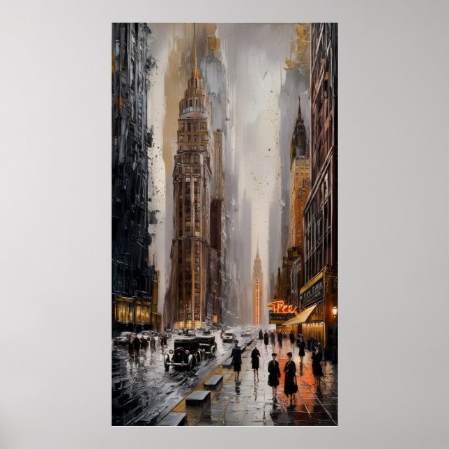 Art Deco Cityscape: Wet Streets and Skyscrapers Poster (Front)