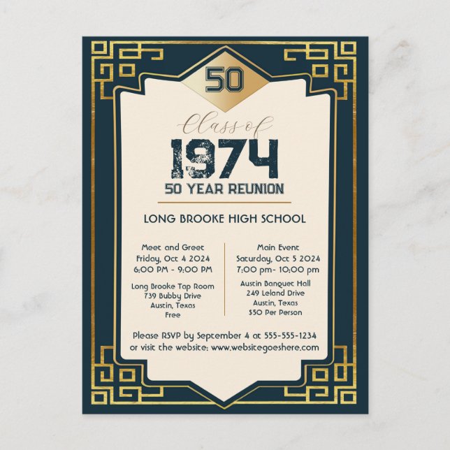 Art Deco Class of 1974 50 Year High School Reunion Postcard (Front)