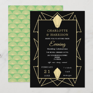 Art Deco Classy Green Gold Evening Wedding Invitation