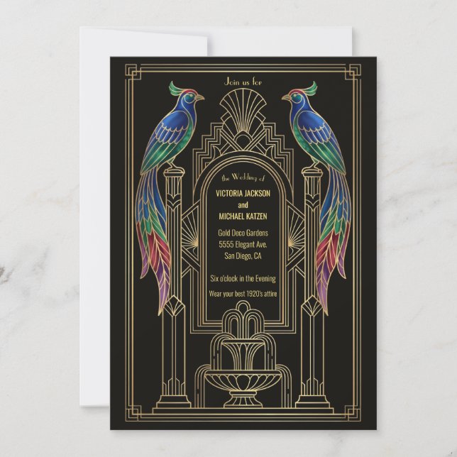 Art Deco colourful Bird Wedding Invitation  (Front)