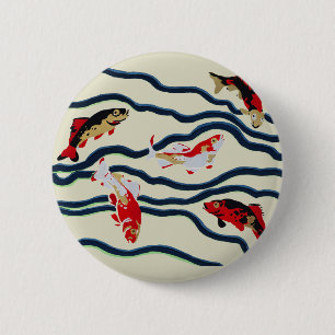 Art Deco Colourful Carp Swimming Navy Decor 2 Inch Round Button