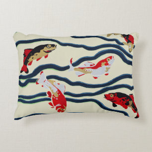 Art Deco Colourful Carp Swimming Navy Decor Accent Pillow