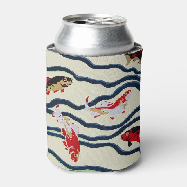 Art Deco Colourful Carp Swimming Navy Decor Can Cooler (Can Front)