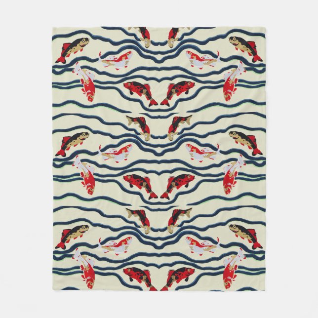 Art Deco Colourful Carp Swimming Navy Decor Fleece Blanket (Front)