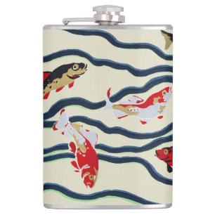 Art Deco Colourful Carp Swimming Navy Decor Hip Flask