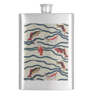 Art Deco Colourful Carp Swimming Navy Decor Hip Flask