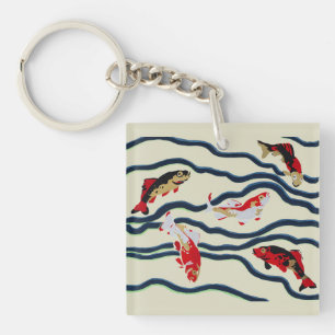 Art Deco Colourful Carp Swimming Navy Decor Keychain