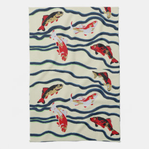 Art Deco Colourful Carp Swimming Navy Decor Kitchen Towel