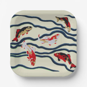 Art Deco Colourful Carp Swimming Navy Decor Paper Plate