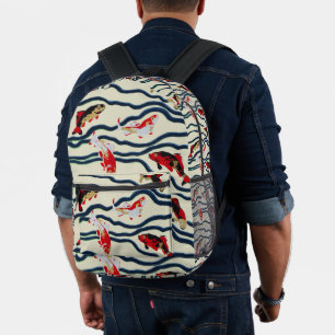 Art Deco Colourful Carp Swimming Navy Decor Printed Backpack