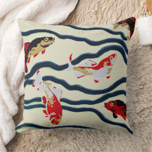 Art Deco Colourful Carp Swimming Navy Decor Throw Pillow