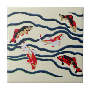 Art Deco Colourful Carp Swimming Navy Decor Tile