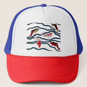 Art Deco Colourful Carp Swimming Navy Decor Trucker Hat