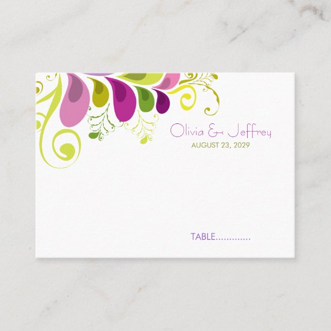 Art Deco Colourful Floral Leaves Wedding Place Car Place Card (Front)