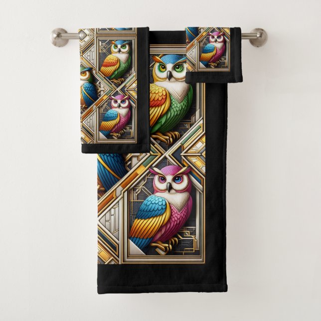 Art Deco Colourful Owl Bath Towel Set (Insitu)