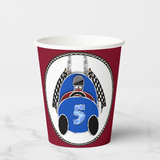 Art Deco Comic Style Blue Race Car Paper Cups (Front)