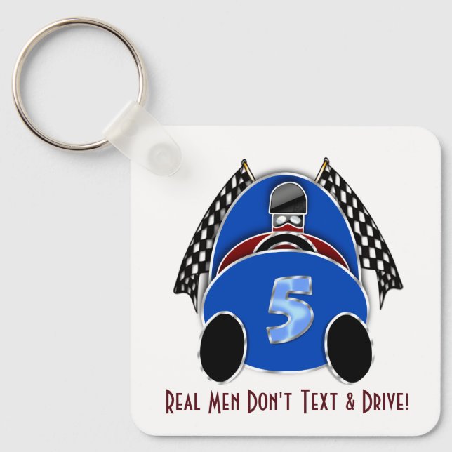 Art Deco Comic Style Blue Race Car (Personalized) Keychain (Front)