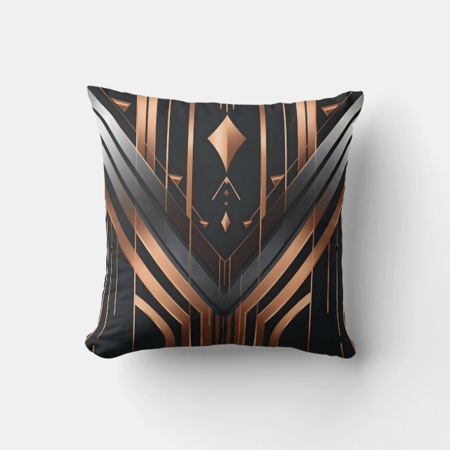 Art Deco Copper & Silver Geometric Design Throw Pillow (Front)