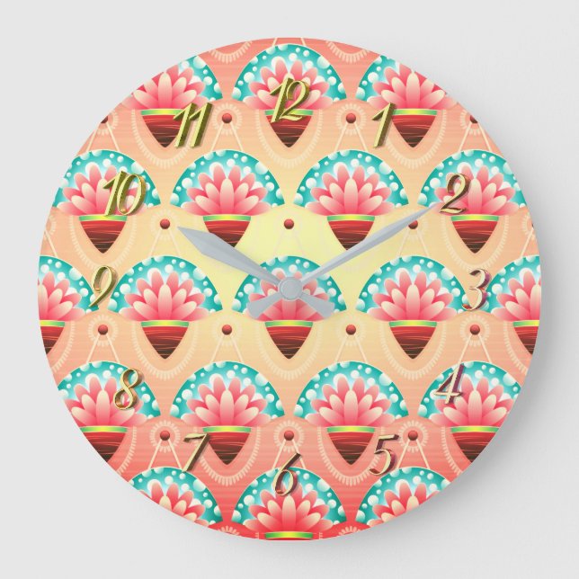 Art deco coral pink flower large clock (Front)