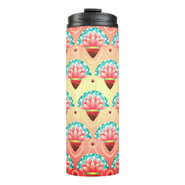 Art deco coral pink flower pattern yellow teal  thermal tumbler (Front)