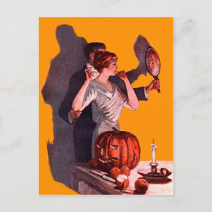 Art Deco Couple Mirror Jack O Lantern Pumpkin Postcard