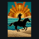 Art Deco Cowgirl Horse Sunset Teal Orange Poster<br><div class="desc">A unique fusion of retro glamour and western romance. This stylized illustration features the silhouette of a cowgirl riding a horse against a massive, radiating sunset. With a vibrant palette of orange, teal, and beige, and chevron patterns reminiscent of desert landscapes, this poster is perfect for rustic chic decor, a...</div>