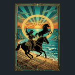 Art Deco Cowgirl Lasso Horse Beach Sunset Poster<br><div class="desc">A stunning blend of Western action and Art Deco elegance set against a tropical horizon. This intricate illustration features a cowgirl silhouette expertly swinging a lasso while riding a galloping horse along a sandy beach. A second wild horse rears in the background, framed by a glowing golden ring and a...</div>