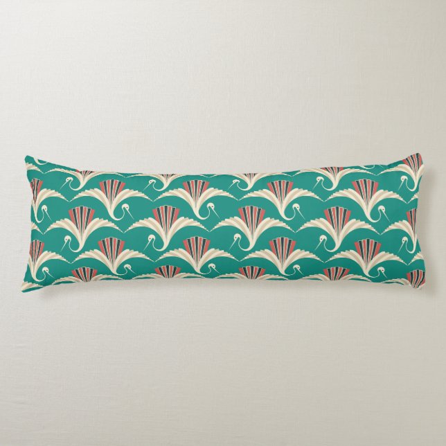 Art Deco Crane - turquoise background   Body Pillow (Front)