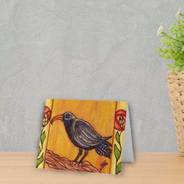 Art Deco Crow Notecard (Black crow on branch red abstract flowers on golden yellow notecards.)