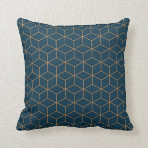 Art Deco Cube Grid Outine In Gold And Blue  Throw Pillow
