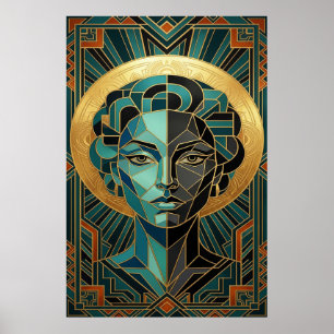 Art Deco Cubist Woman Face Gold Teal Poster